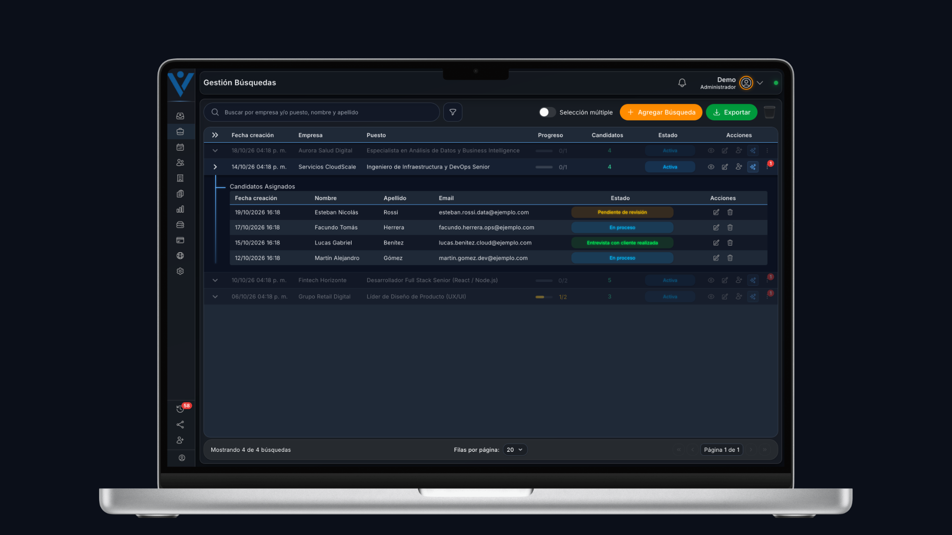 Vista en modo oscuro — Mac View de la plataforma IVOX